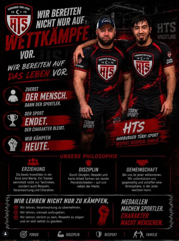 Vereinsplakat des Harburger Türksport mit den Leitsätzen „Zuerst der Mensch, dann der Sportler“, „Der Sport endet, der Charakter bleibt“ und den drei Säulen Erziehung, Disziplin und Gemeinschaft